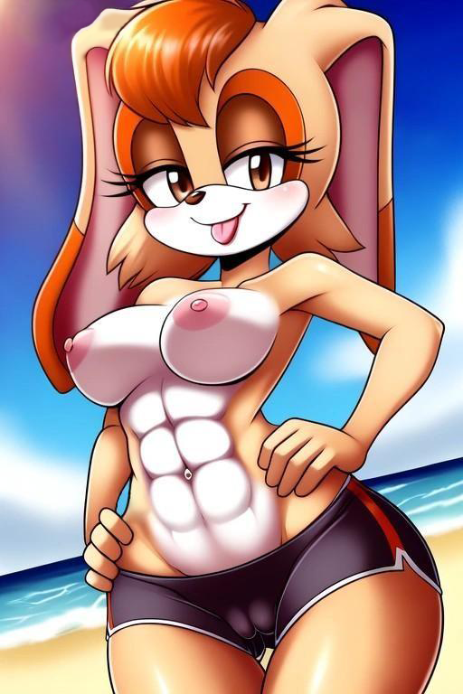 Bauchmuskeln, ai_generated, Strand, Brüste, mobians.ai, Nippel, Nuggeto, Meer, Meer, Sega-Shorts, Sonic_the_hedgehog_(series), topless, topless_female, Vanilla_the_rabbit