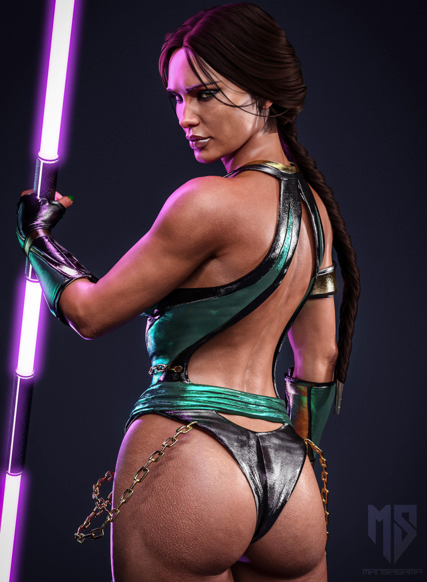 1girl 1girl 1girl 3d 3d_(artwork) verführerische Armbinde Arsch großer_Arsch schwarzer_Hintergrund Bodysuit braune_Haare dunkelhäutige_weibliche dunkle_Haut dat_ass nur weibliche_grüne_Augen Haare_über_einem_Auge Hand_auf_der_Hüfte jade_(mortal_kombat) Trikot Blick auf den Betrachter Manbasama Midway_Games Mortal_Kombat Mortal_Kombat_Armageddon Nagellack Tan-Haut ned_female thick_thighs Oberschenkel