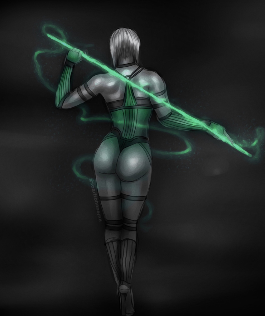 1girl 2d verführerischer Arsch back_view nackte_Schultern Bob_cut Handschuhe grüne_Kleidung High Heels Holding_Object Holding_Waffe hungriger_Hintern Khameleon Leggings Trikot Midway_Games Mortal_Kombat Mortal_Kombat_1_(2023) Mortal_Kombat_Armageddon Mortal_Kombat_Trilogy Pale-Skinned_Female Pale_Skin Pole Scarltchaosjnx Short_hair ärmellos Solo_Female Stehender Tanga, weißes Haar