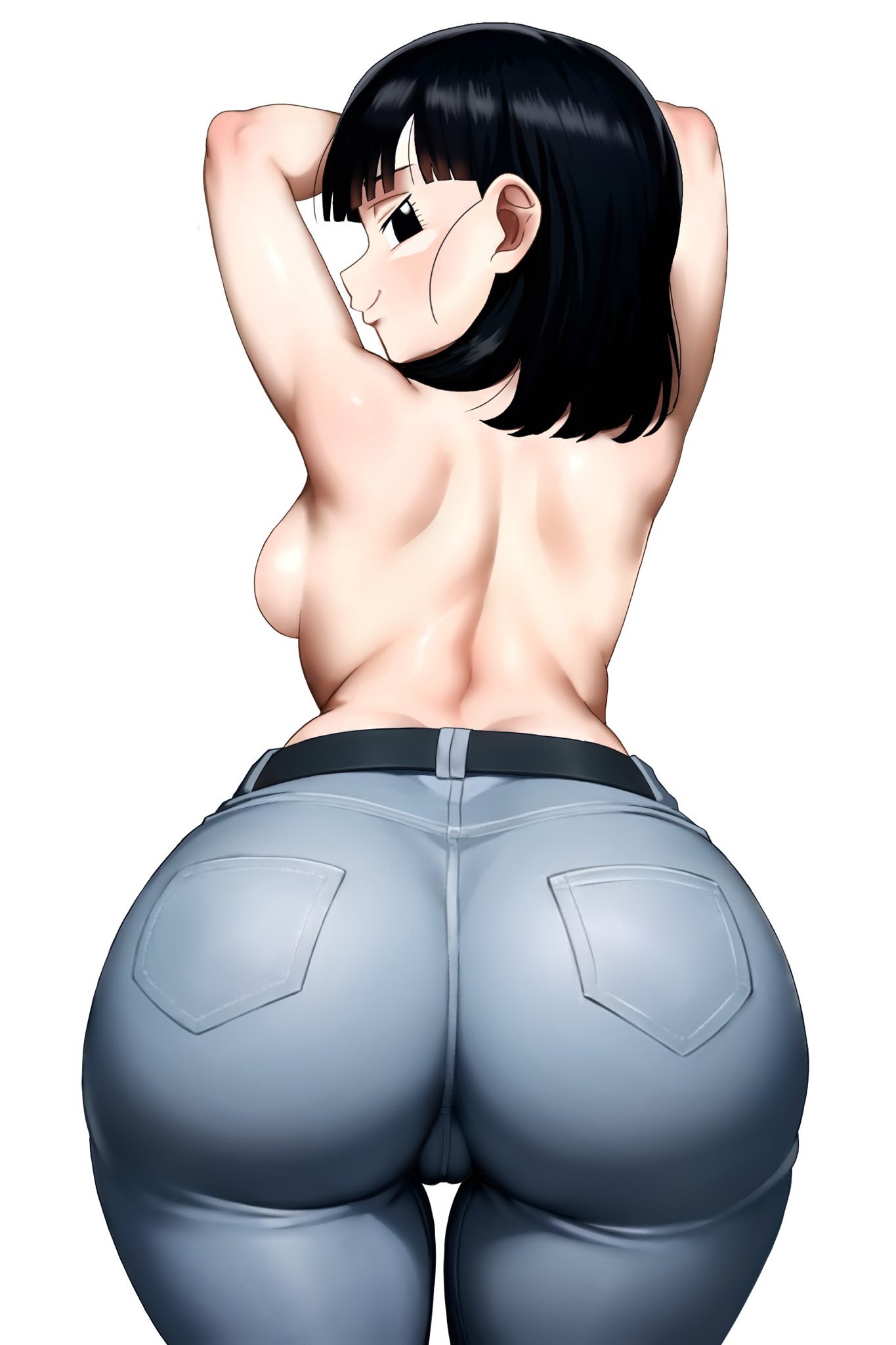 1girl ass ass_focus schwarze_Haare Dragon_ball Dragon_ball_gt Dragon_ball_super Jeans reife_weibliche mittlere_Haare nackt pan_(dragon_ball) pervers pervers_weiblich Sex_Einladung sexuell_suggestiv kurze_Haare kleine_Brüste Lächeln