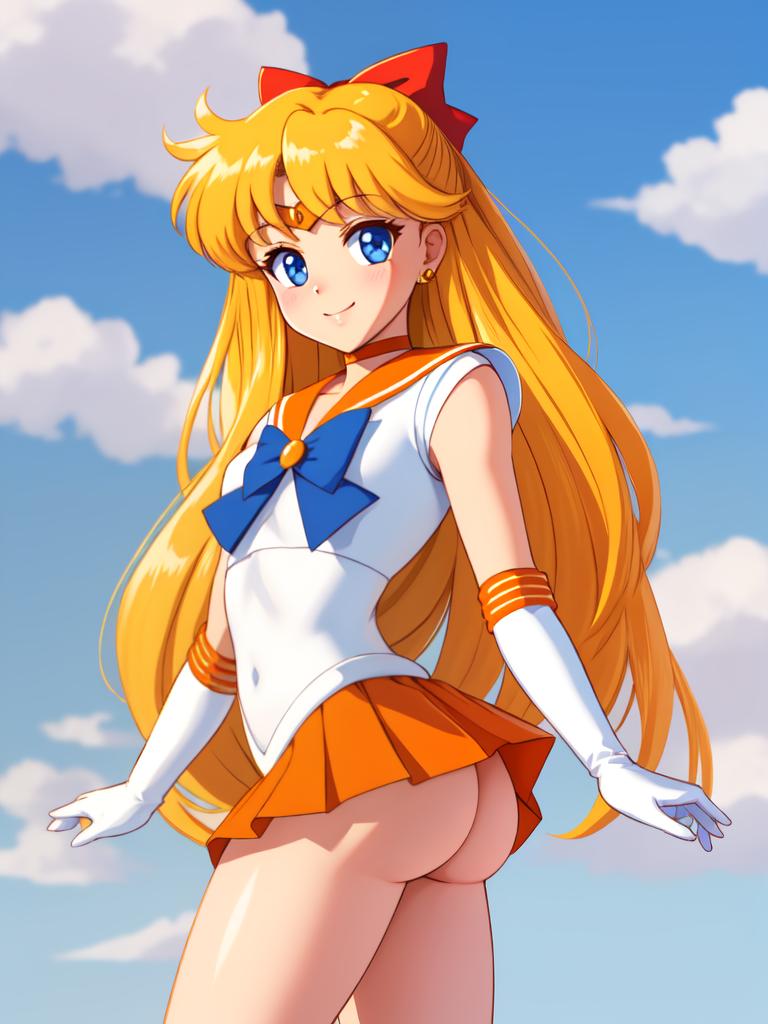 1girl ai_generated Arsch bishoujo_senshi_sailor_moon blonde_Haare blaue_Augen Wolke wolkiger_Himmel weibliche_Fokus Handschuhe langes_Haar Blick auf den Betrachter Minirock Band Sailor_Kragen Sailor_Senshi_Uniform Sailor_Shirt Sailor_Venus Hemd Rock Himmel kleine_Brüste Lächeln Tiara jüngere_weibliche