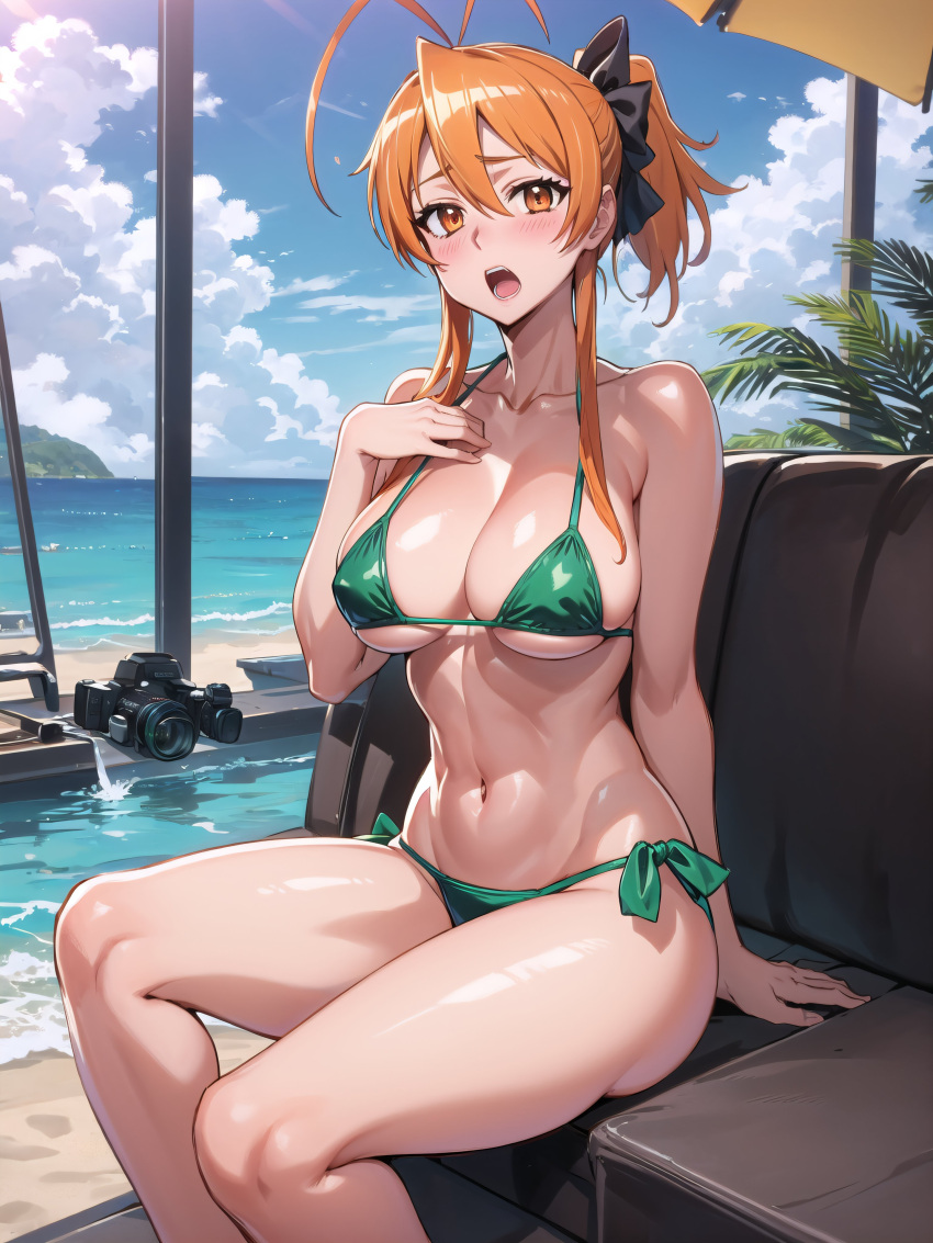 1girl ai_generated arm_support big_breasts bikini brown_eyes brown_hair dekolleté curvy green_bikini hair_ribbon hand_on_own_chest highschool_of_the_dead legs long_hair looking_at_viewer bauchnabel pferdeschwanz pool rei_miyamoto sitzen stabil_diffusion schweiß thick_thighs oberschenkel üppig