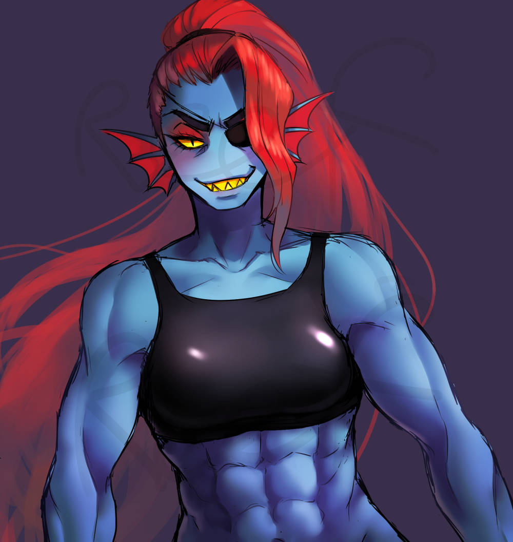 1girl 2010s 2016 2d 2d_(Artwork) Bauchmuskeln Anthro Anthro_only Black_Tanktop Blue_Body Blue_Skin Brüste Deviantart Digital_Media_(Artwork) Ear_Flossen Eye_Patch Eyepatch Female_Anthro Female_only Fish Fish_Girl Grinsen Haare Long_hair Looking_at_Viewer Marine Zwerchfell Monster Monster_Girl Muskel muskulös muskulös_anthro Nicht-Säugetierbrüste Pony Schwanz red_hair reef1600 Sharp_teeth simple_background slit_pupils smirk smirking_at_viewer solid_color_background solo_anthro solo_female tank_top undertale undertale_(series) undyne Upper_body video_game_character video_games yellow_sclera yellow_teeth