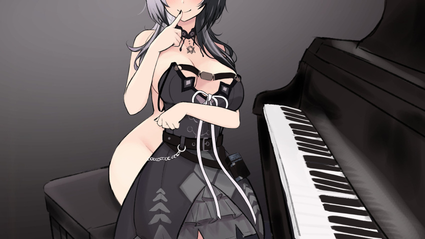 1girl big_breasts black_choker black_dress black_hair black_nails blush breasts choker dress finger_to_mouth grey_hair high_res Holding Holding_clothes hololive hololive_english instrument long_hair m_r_b multicolored_hair nail_polish nackt pan_piano Piano Piano_bench shiori_novella sitzend lächeln split-color_hair two-tone_hair ungetragene_Kleidung virtual_youtuber