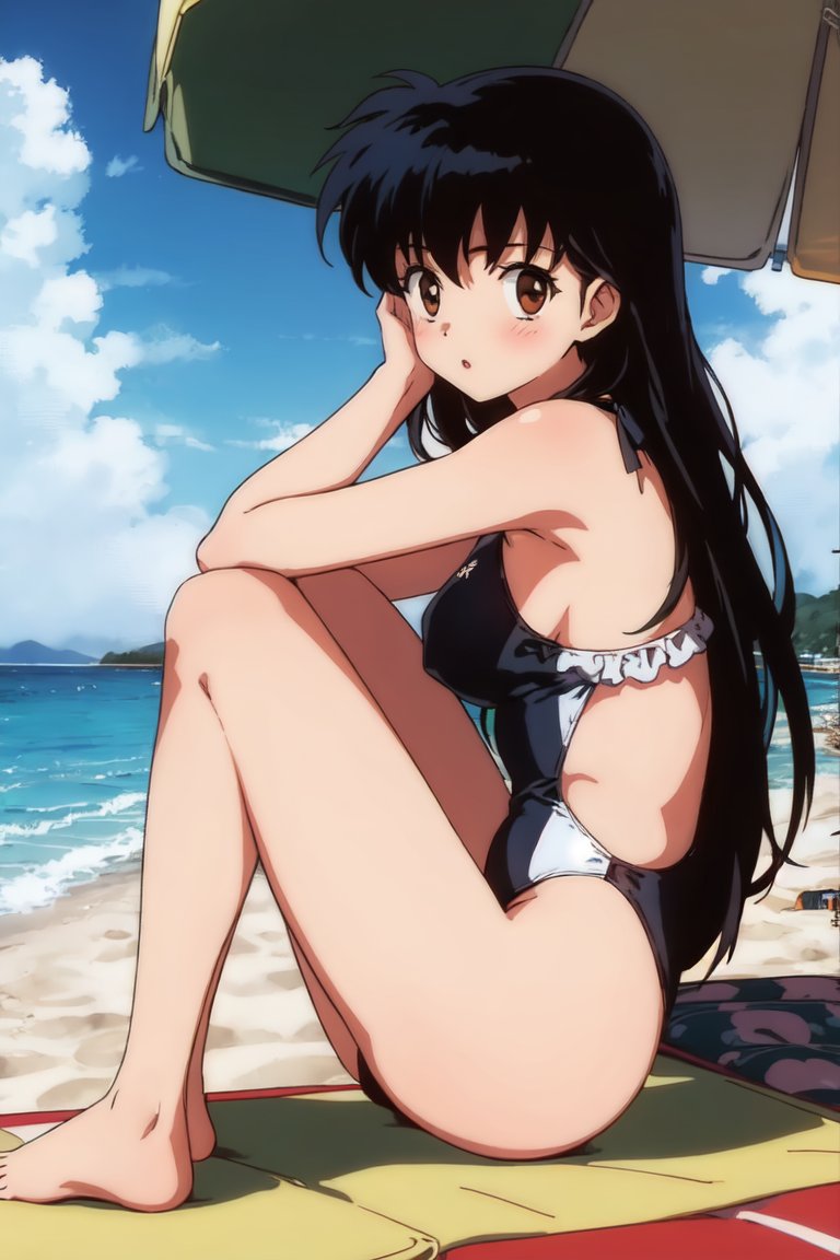 1girl verführerischer Künstler_Anfrage nackte_Beine Strandbikini schwarze_Haare blauer_Himmel Brüste Inuyasha Kagome_Higurashi Ozean auf_Handtuch einteiliger_Bikini-Badeanzug