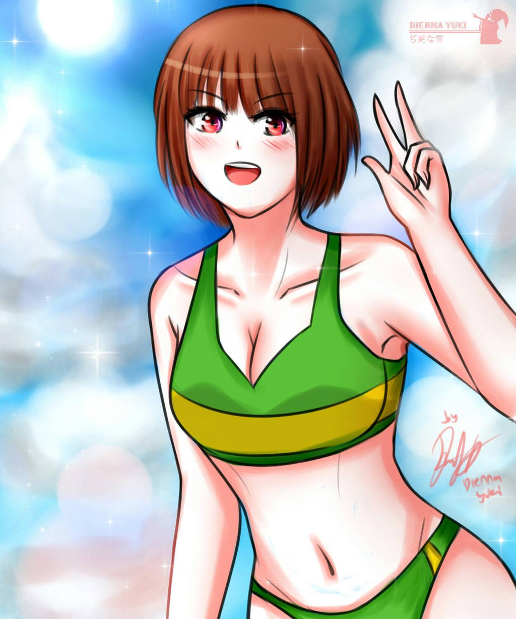 1girl 2010s 2017 2d 2d_(artwork) aged_up artist_name artist_signature breasts brown_hair chara chara_(undertale) deviantart deviantart dhampirenevercry dienna_yuki digital_media_(artwork) female_chara female_human green_swimsuit human human_only medium_breasts Nabel red_eyes short_hair sky signatur sky_background lächelnd solo_human gestreift _Badeanzug Badeanzug Undertale Undertale_(Serie) Upper_body v v_sign video_game_character video_games