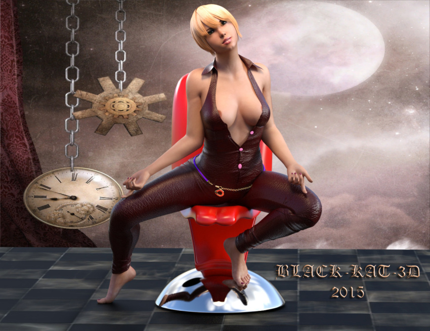 black-kat-3d-studio brüste stuhl uhr kleidung solo_female