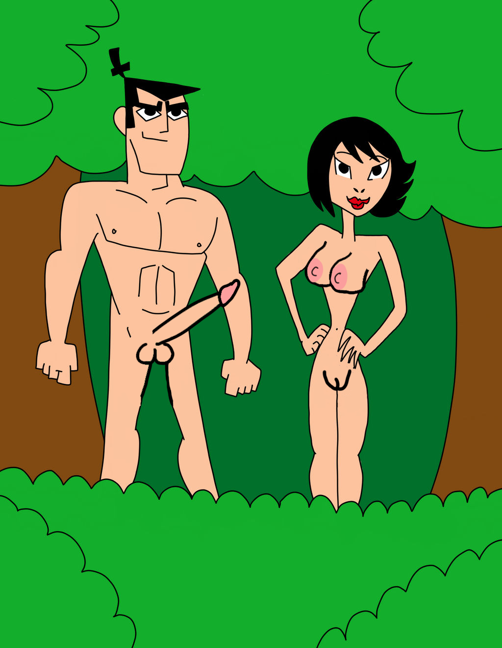 1boy 1girl adult_swim ashi_(samurai_jack) black_eyes black_hair Brüste Bürste cartoon_network Augenbrauen Dschungel Lippenstift Nabel Nippel no_bra no_panties no_pants Penis Pussy Pussy samurai_jack samurai_jack_(Charakter) Baum