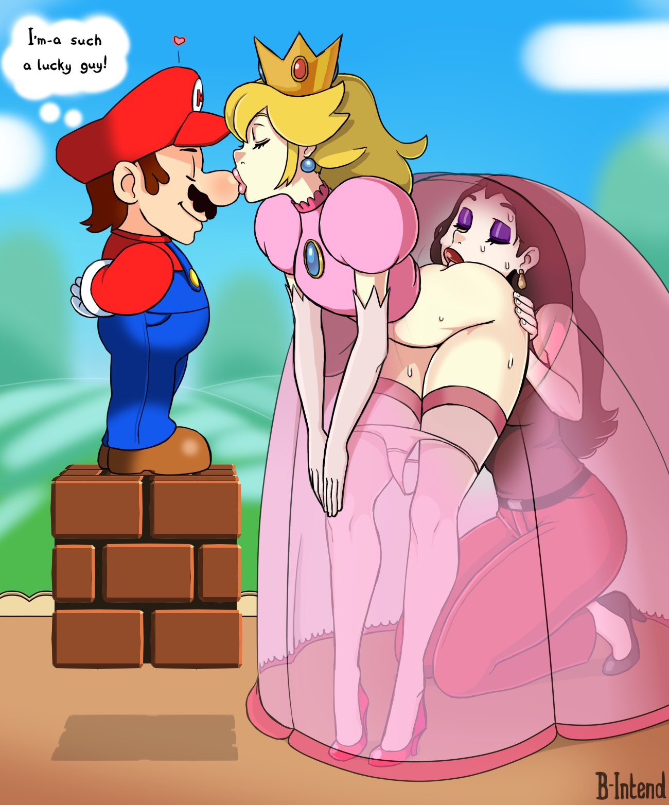 1_Junge 2_Mädchen Anilingus Anilingus_From_Female B-Absicht Blonde_Haare Braune_Haare Krone Ohrringe Augen_geschlossener Hut Mario Mario_(Serie) Schnurrbart Nintendo Paulina Princess_Peach Röntgenstrahl Yuri