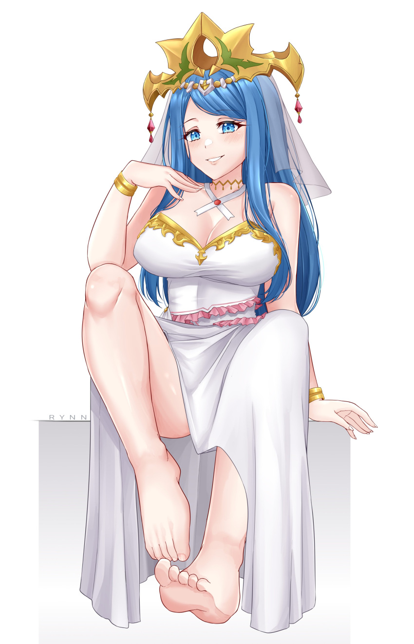 1girl 1girl absurd_res verführerisch barfuß blaue_augen blaue_haare armband krone kleid füße fire_emblem fire_emblem_engage foot_focus haar_ornament hochauflösender schmuck long_hair looking_at_viewer lumera_(fire_emblem) milf nintendo rynn_(darknescorez) simple_background sitzend lächeln zähne wasserzeichen white_background white_dress