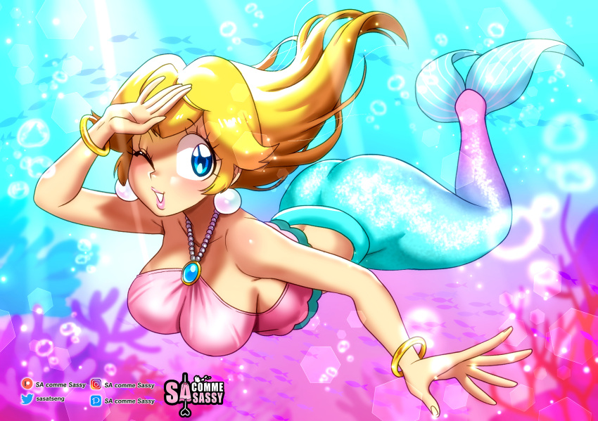 1Mädchen Arsch Brüste Blasen Ohrringe weiblich Schmuck looking_at_viewer mario_(series) Meerjungfrau mermaid_peach mermaid_tail Halskette Nintendo Ozean Princess_Peach Princess_Peach:_showtime! sasatseng meer allein schwimmen unter wasser wasser