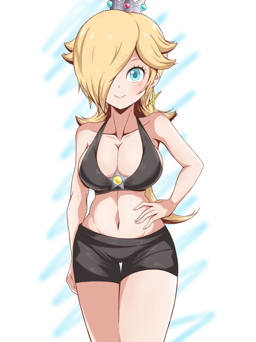 1girl verführerischer Pony black_shorts black_top blonde_hair blue_eyes Crown Grinsen hair_covering_eye mario_(series) nintendo Princess_rosalina rosalina silver_crown sports_bra star_accessory yassrosalina