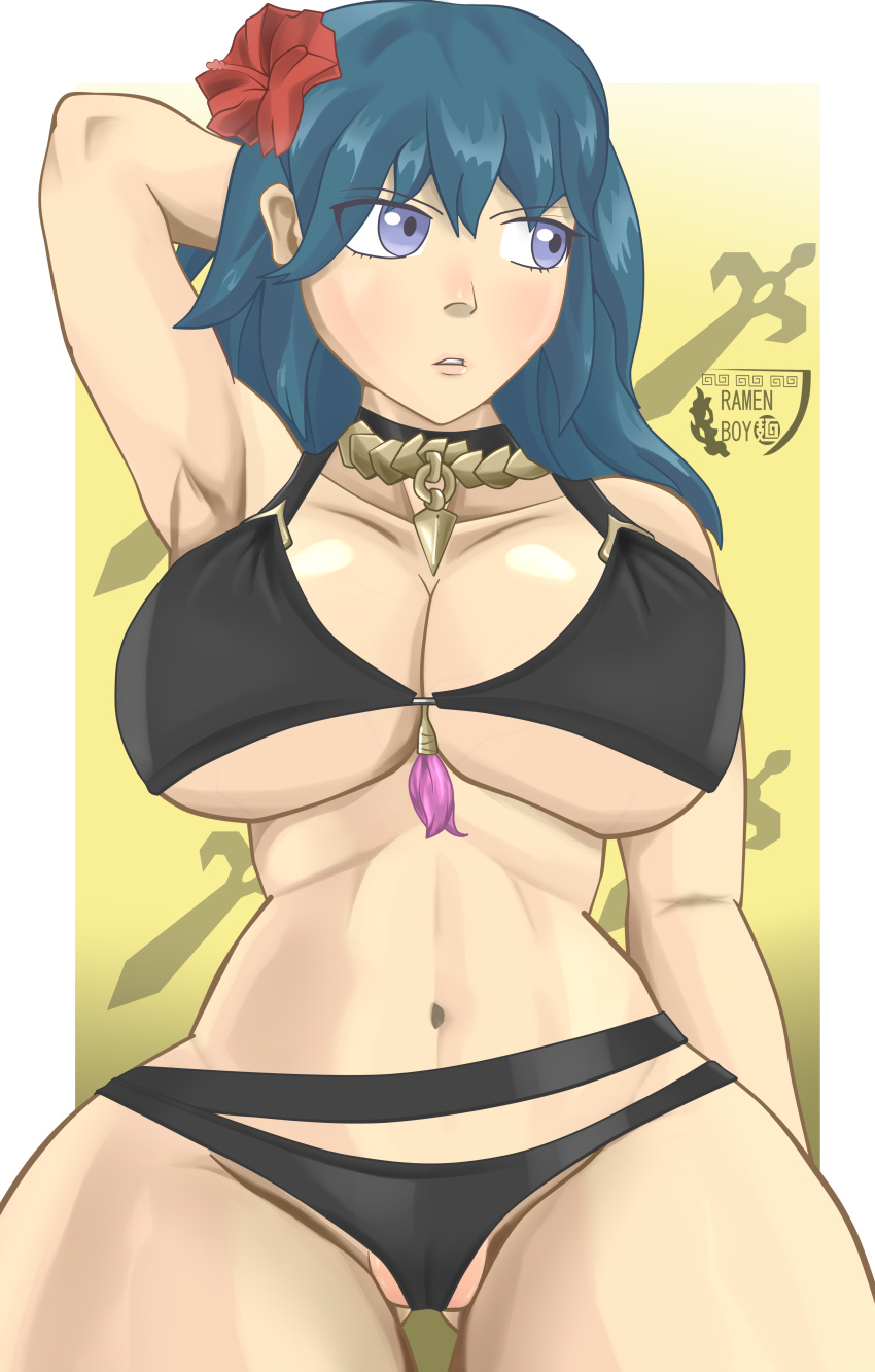 1girl verführerisch alternatives_Kostüm ass_visible_through_thighs große_Brüste Bikini black_bikini black_swimsuit blue_eyes Brüste byleth_(fire_emblem) byleth_(fire_emblem)_(female) byleth_(summer)_(fire_emblem)_(female) Dekolleté female_only fire_emblem fire_emblem:_Three_Houses Flower Hair_Flower Nintendo official_alternate_costume Muschi ramenboy17 Badeanzug teal_hair thick_thighs under_boob