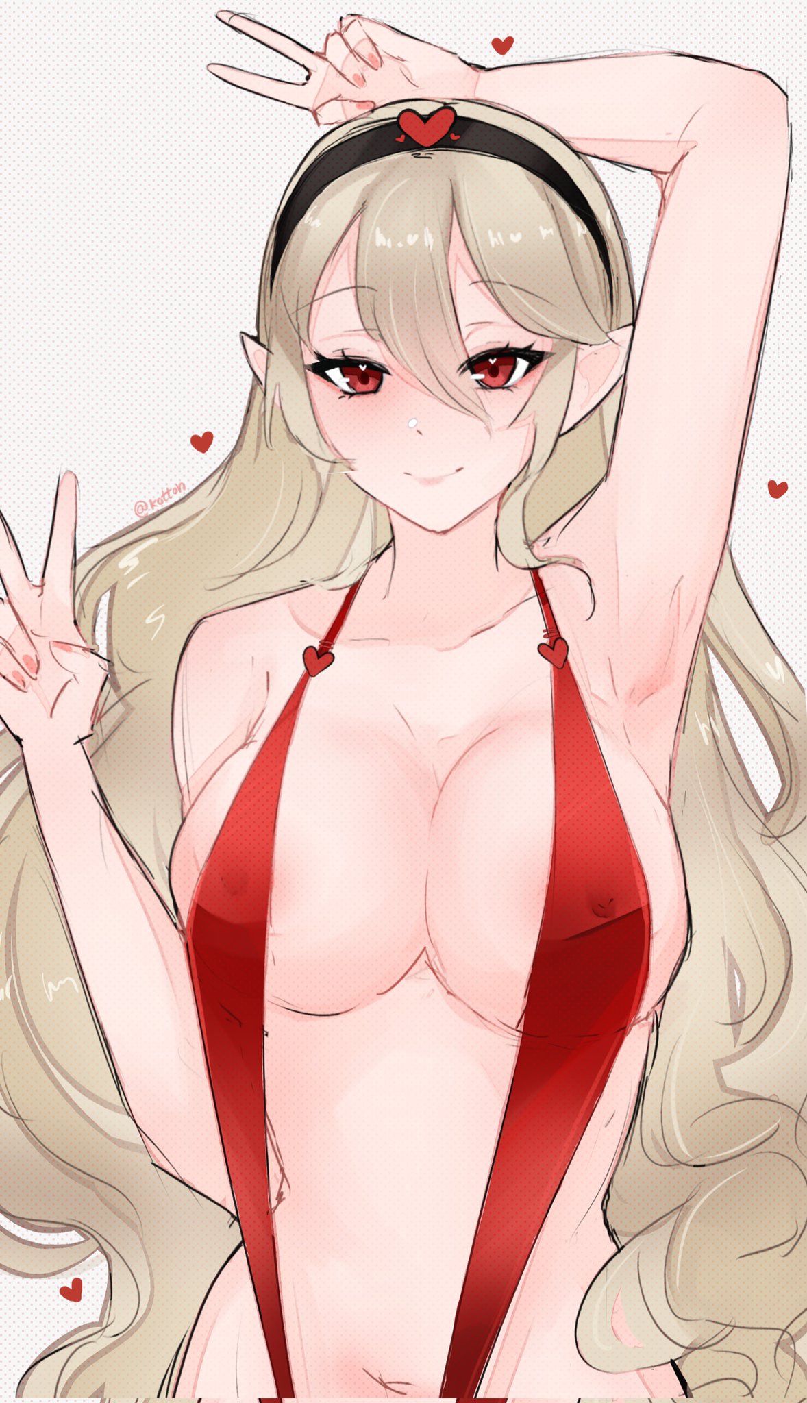 1Mädchen verführerisch Alternative_Kostüm nackte_Beine große_Brüste Bikini Corrin_(Fire_Emblem) Corrin_(Fire_Emblem)_(weiblich) Female_only Fire_Emblem Fire_Emblem_Fates Looking_at_Viewer Nintendo One-Piece_Swimsuit Peace_Sign Pointy_Ears Red_Swimsuit Serafineart1001 Sling_Bikini Slingshot_Swimsuit Badeanzug V_Sign Valentinstag