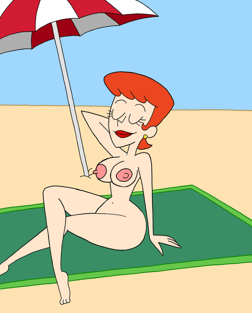 1girl 1girl 2024_post beach_towel beach_umbrella breasts breasts cartoon_network geschlossene_augen geschlossener_mund dexter's_laboratory dexter's_mom ohrringe bearbeiten augenbrauen wimpern füße weiblich_nur mrbiteo nabel brustwarzen nackt nackt_strand nackt_weiblich orange_haare rosa_brustwarzen rot_lippenstift sexy sitzend zehen regenschirm