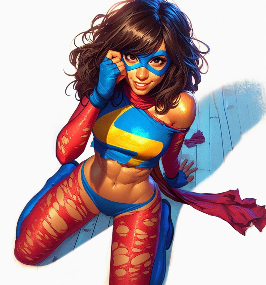 1girl abs ai_edit ai_generated Athletic_female Stiefel braune_Augen braune_Haare braune_Haut dunkelhäutige_weibliche entblößte_Schultern Augenmaske Handschuhe Grinsen kamala_khan langes_Haar Blick auf den Betrachter Marvel Marvel_Comics Zwerchfell ms._marvel muslim_female pakistanische_weibliche Höschen Schal Schatten Lächeln Strümpfe Superheldin zerrissene Kleidung zerrissene Beinbekleidung zerrissene Oberschenkelstrümpfe