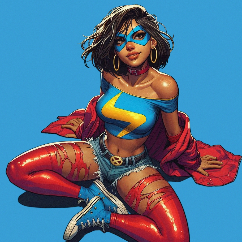 1girl ai_edit ai_generated große_Brüste braune_Augen braune_Haare braune_Haut Halsband dunkelhäutige_weibliche entblößte_Schultern Augenmaske Creolen Kamala_khan Blick auf den Betrachter Marvel Marvel_Comics Zwerchfell ms._marvel muslim_female pakistanische_weibliche kurze_Haare kurze_Shorts Turnschuhe Strümpfe Superheldin torn_legwear torn_thighhighs