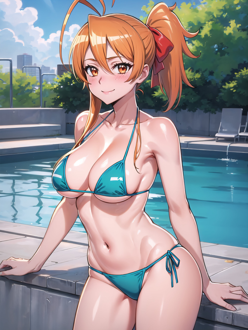 1girl 1girl 1girl ai_generated big_breasts big_breasts big_breasts Bikini-Dekolleté Curvy Female_only Hair_ribbon Highschool_of_the_dead Beine looking_at_viewer Nabel orange_hair Pferdeschwanz Pool rei_miyamoto Lächeln Oberschenkel Wasser