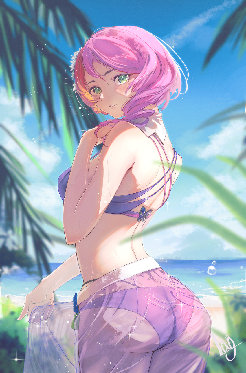 1girl 1girl absurd_res alisa_bosconovitch verführerischer Arsch Strand Bikini Wolke wolkiger_Himmel von_hinten grüne_Augen hohe_Auflösung lag_(wo76_a) mittleres_Haar Namco Ozean draußen Palme rosa_Haare lila_Bikini durchsichtig durchsichtiger Rock Rock Himmel Badeanzug Tekken Tekken_6_bloodline_rebellion Tekken_7 Tekken_8 Tekken_Blut_Vengeance Tekken_tag_tour namens_2 Baum