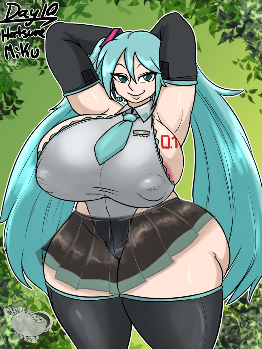 1Mädchen Arme_hinter_Kopf großer_Arsch große_Brüste miku_hatsune Brustwarzen_sichtbar_durch_Kleidung Rock Grinsen selbstgefällig Oberschenkel_hohe_Stiefel Krawatte Vocaloid breite_Hüften