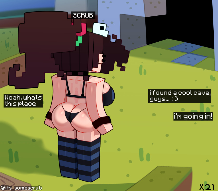 1girl back_view big_ass big_breasts blocky_body BH femscrub goth goth_girl Minecraft Pferdeschwanz somescrub striped_legwear Tanga