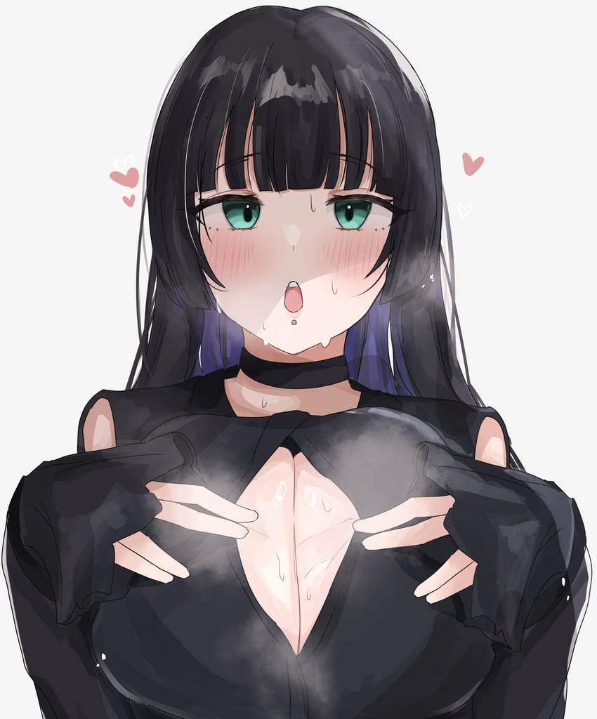 1girl absurd_res big_breasts black_choker black_dress black_hair blunt_bangs blush bocchi_the_rock! Brüste Kinnpiercing Halsband Dekolleté Dekolleté Kleidungsausschnitt Farbige_Innenhaare Kleid Gothic_Mode Grüne Augen Herz Hochauflösend Hime_Schnitt Lange Haare Lange Ärmel Ltiki Mehrfarbiges Haar Schulterfrei Pa-san Paizuri Einladung Piercing Lila Haare Einfacher Hintergrund Schweiß