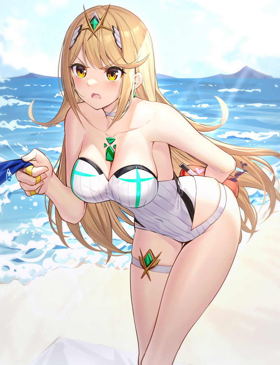 1Mädchen verführerisch, schlechtes_Essen, Strand, Bento, große_Brüste, blonde_Haare, Brüste, Halsreif, Wolken, Kern_Kristall, Ohrringe, Essen, langes_Haar, Mythra, Nintendo, Ozean, einteiliger_Badeanzug, äußere Ringe, Ririko_(zhuoyandesailaer), Himmel, Badeanzug, Oberschenkel_Strap, Tiara, Wasser, weißer_Einteiler_Badeanzug, weißer_Badeanzug, Xenoblade_(Serie) xenoblade_chronicles_2, gelbe_Augen