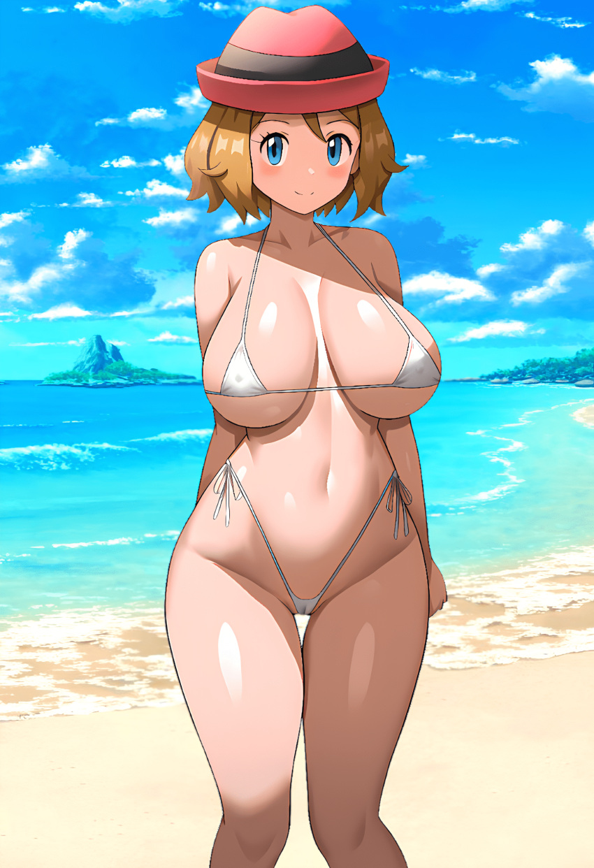 1girl ai_generated Strand Bikini blonde_Haare blaue_Augen Brüste weiblich_Fokus Spiel_Freak Hut hochauflösend Hüften riesige_Brüste hellhäutig_weiblich helle_Haut Mikrobikini Bauchnabel Nintendo Ozean Pokémon Pokémon_xy Serena_(Pokémon) kurze_Haare stabile_Diffusion dicke_Oberschenkel Oberschenkel Wasser breite_Hüften