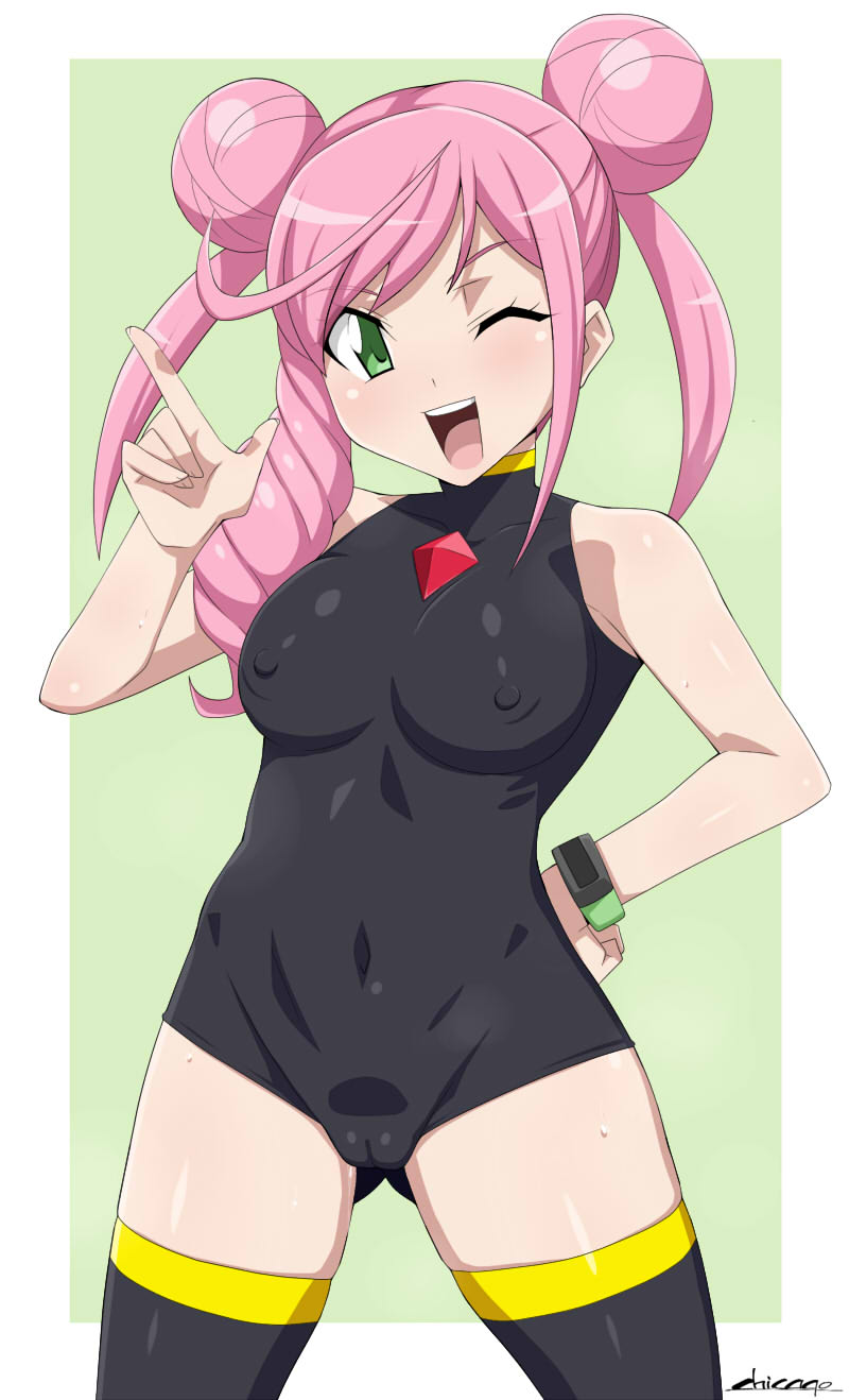 1girl black_swimsuit Brüste weiblich female_only green_eyes luna_nishinotoin medium_breasts pink_hair Pussy_visible_through_clothes Badeanzug tagme mich zwinkern