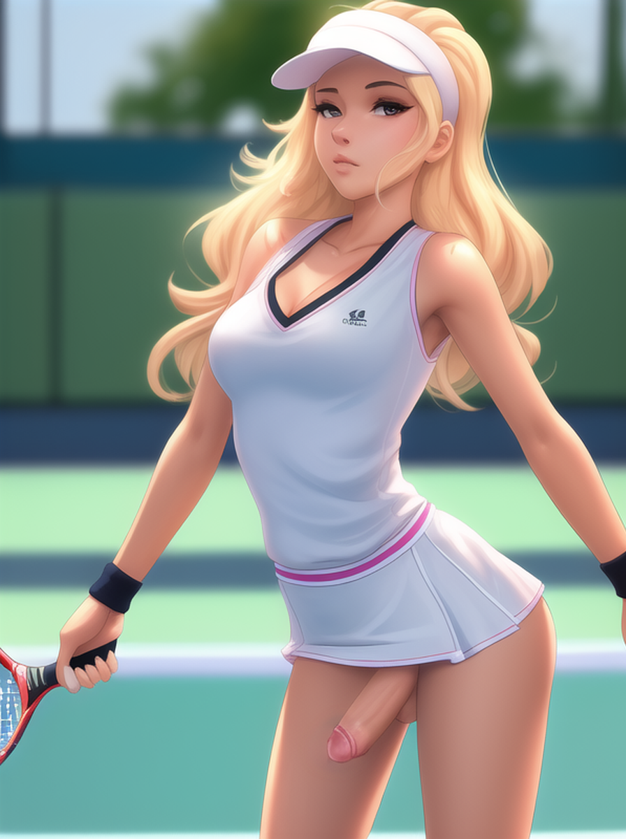 1futa blonde_hair bodenlos bodenlos_futanari dickgirl schlaff schlaff_penis futa futa_only futanari futanari hellhäutig_futanari teilweise_bekleidet Shemale_human weicher_Penis Tennis Tennisplatz Tennis_Outfit Tennisschläger Tennisuniform Transgender Transgender_weiblich Transgender_Frau young_futanari young_girl