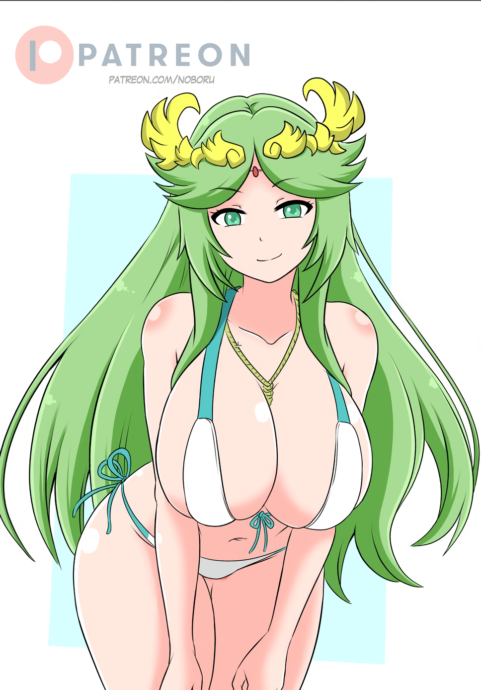 1girl 1girl 1girl verführerisch große_Brüste Bikini-Dekolleté weiblich_nur grüne_Augen grüne_Haare Kind_icarus lange_Haare Nintendo Noboru Palutena Pin_up