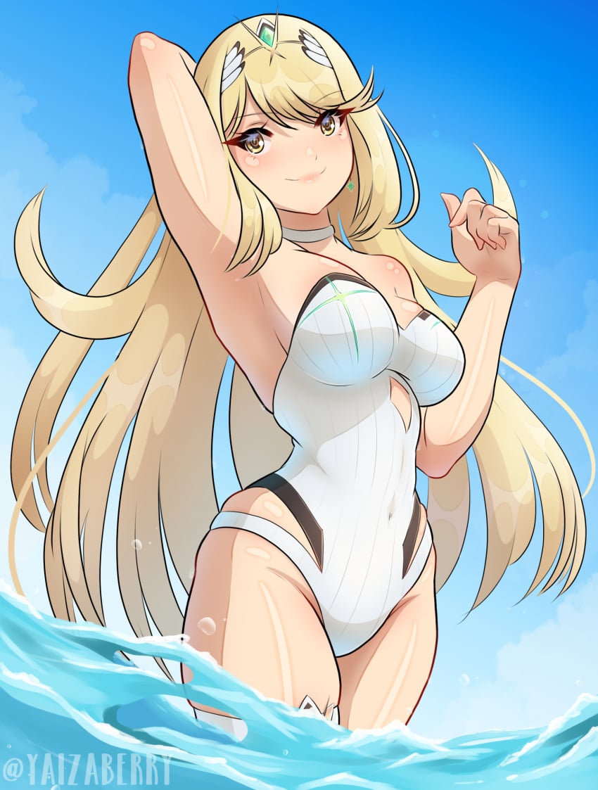 1girl 1girl 1girl verführerisch Strand große_Brüste Bikini blonde_Haare blauer_Himmel Dekolleté weiblich_nur Mythra Nintendo Ocean einteiliger_Bikini Pin_up-Badeanzug xenoblade_(series) xenoblade_chronicles_2 yaizaberry gelbe_augen