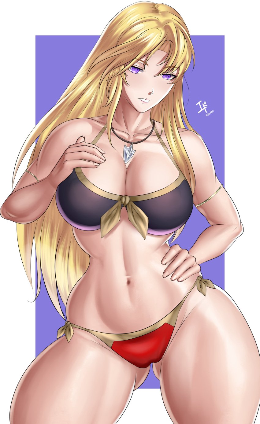1girl 1girl 1girl verführerisch alternatives_Kostüm Arcedo Arsch_sichtbar_durch_Oberschenkel nackte_Oberschenkel große_Brüste Bikini black_bikini blonde_Haare bronze_felix clarisse_(fire_emblem) Dekolleté Commission Commission_art weiblich_nur Fire_emblem fire_emblem:_new_mystery_of_the_emblem Grinsen langes_Haar Nintendo spitzes_Kinn lila_Augen roter_Bikini Lächeln Badeanzug dicke_Oberschenkel Oberschenkel sehr_lange_Haare