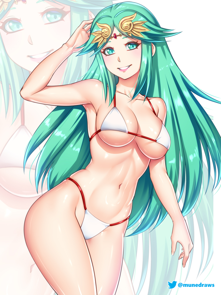 1girl 1girl 1girl verführerisch alternatives_kostüm große_brüste bikini-ausschnitt etchimune weiblich_nur grünes_haar kopfschmuck schmuck kid_icarus langes_haar nintendo palutena