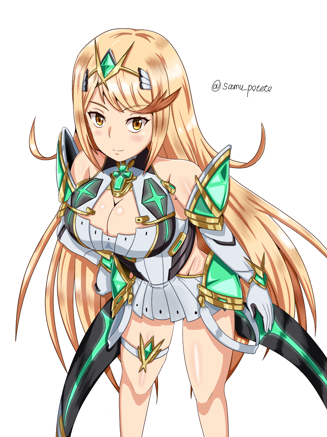 1girl 1girl verführerische Rüstung große_Brüste blonde_Haare errötende Brüste Dekolleté-Kleid Handschuhe hochauflösend langes_Haar Blick auf den Betrachter Mythra Nintendo Samu_Poteto Lächeln weißer_Hintergrund Xenoblade_(Serie) xenoblade_chronicles_2 gelbe_Augen