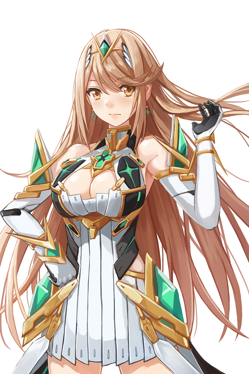 1girl 1girl verführerische Rüstung nackte_Schultern große_Brüste blonde_Haare erröten Dekolleté Kleid Ellbogenhandschuhe Handschuhe Kopfbedeckung hochauflösend langes_Haar Blick auf den Betrachter Mythra Nintendo Redpoke einfacher_Hintergrund sehr langes_Haar weißer_Hintergrund xenoblade_(serie) xenoblade_chronicles_2 gelbe_augen