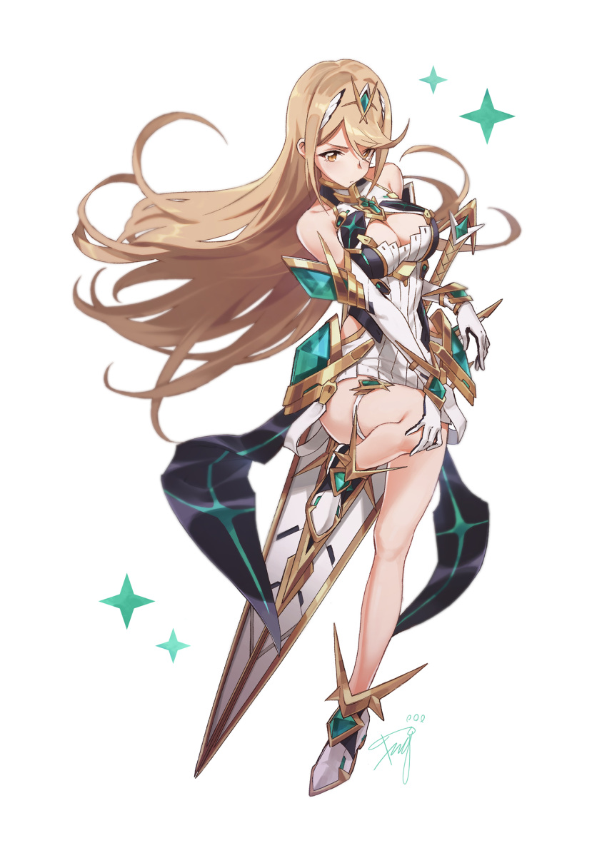 1girl 1girl verführerische Rüstung nackte_Schultern große_Brüste große_Brüste blondes Haar errötendes Dekolleté Kleid Handschuhe Haarornament hochauflösend langes Haar Blick auf den Betrachter Mythra Nintendo ärmelloses Schwert Tugo Waffe xenoblade_(series) xenoblade_chronicles_(series) xenoblade_chronicles_2 gelbe_augen