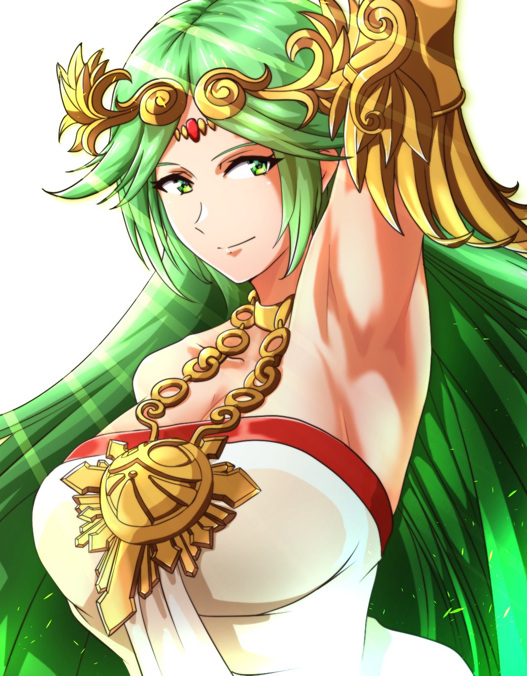 1Mädchen 1Mädchen verführerisch Arm_hinter_Kopf große_Brüste Dekolleté grüne_Augen grüne_Haare hochauflösend kid_icarus lange_Haare betrachten_den_Betrachter Nintendo Palutena lächelt to_(tototo_tk)