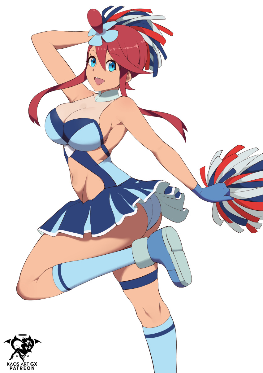 1girl absurd_res verführerischer Arsch nackte_Schultern große_Brüste blaue_Augen Cheerleader Dekolleté Kreaturen_(Unternehmen) Game_Freak Handschuhe hochauflösend Kaos_Art Blick zurück Minirock Nintendo Höschen Pokemon Pokemon_BW Pom_pom_(Cheerleading) rote_Haare Schuhe Rock Skyla Skyla_(Pokemon) ärmellose Socken stehend Standing_on_one_leg Unterwäsche Wedgie