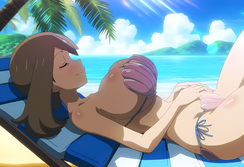 1girl precision_art_style verführerischer Strand big_breasts bikini blue_sky brown_hair spaltung geschlossene_augen may may_(pokemon) mayday_(künstler) nintendo ozean on_recliner pokemon pokemon_rse_(anime) seashell_bikini seashell_bra