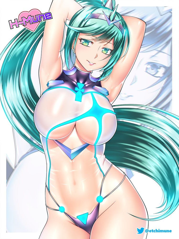 1Mädchen verführerisch große_Brüste Bikini etchimune grüne_Haare Haarornament Hände_hinter_Kopf Latex lange_Haare schauen_auf den Betrachter Nintendo One-Piece_Bikini Pneuma_(Xenoblade) Pferdeschwanz posiert lächelnd_auf_den_Zuschauer Badeanzug transparente_Kleidung Unterbrust Xenoblade_(Serie) xenoblade_chronicles_2