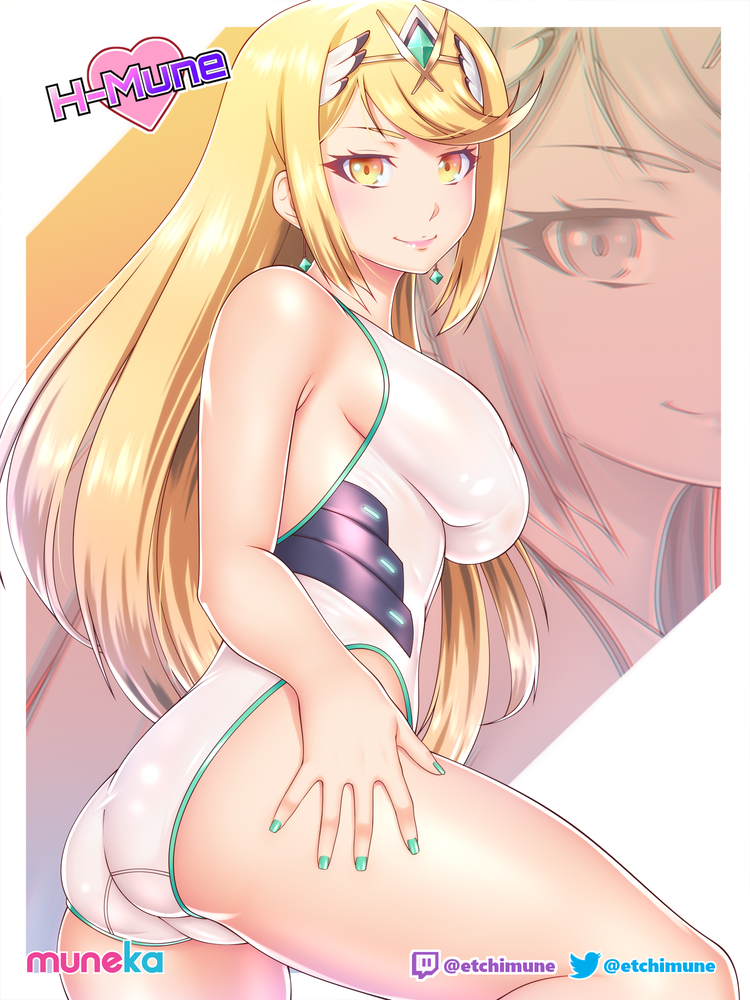 1Mädchen verführerisch große_Brüste Bikini blonde_Haare farbige_Nägel etchimune Haarornament Hand_auf_Hüfte Latex langes_Haar Blick auf den Betrachter Blick auf den Betrachter Mythra Nintendo One-Piece-Bikini posiert seitlicher Busen lächelnder_Betrachter Badeanzug Xenoblade_(Serie) Xenoblade_Chronicles_2