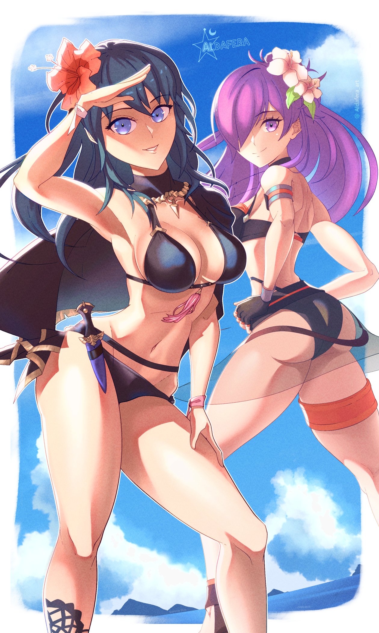 2_Mädchen Aldafera verführerisches Alternative_Kostüm Aqua_Augen Arsch große_Brüste Bikini schwarzer_Bikini schwarzer_Badeanzug byleth_(fire_emblem) byleth_(fire_emblem)_(weiblich) byleth_(summer)_(fire_emblem)_(weiblich) weiblich_nur fire_emblem fire_emblem:_drei_häuser fire_emblem_heroes fire_emblem_warriors :_ three_hopes medium_breasts nintendoofficial_alternate_costume purple_hair shez_(weiblich )_(fire_emblem) shez_(weiblich)_(sommer)_(fire_emblem) shez_(fire_emblem) Badeanzug teal_hair