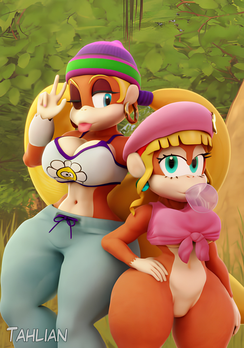 2girls Beret blonde_hair blue_eyes chewing_gum dixie_kong donkey_kong_(series) Ohrringe female_focus furry furry_female green_eyes Hut Nintendo Pferdeschwanz Rareware Tahlian tiny_kong Twintails