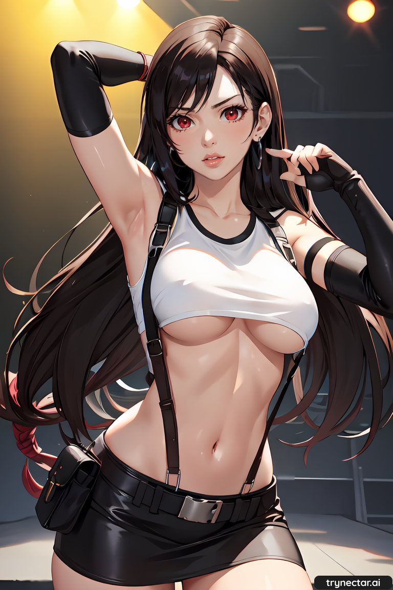 1girl ai_generated breasts crop_top Female_only final_fantasy final_fantasy_vii Handschuhe long_hair tifa_lockhart trynectar.ai under_boob