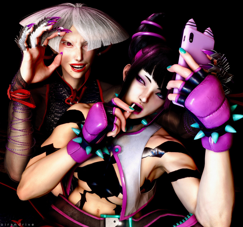 2_girls 2females 2women 3d 3d_(artwork) 3d_model akiaki_(street_fighter) capcom duo duo_female duo_focus weiblich/weiblich freundlich grüne_augen heterochromatische_augen juri_han hellhäutig_weiblich hellhäutig oirandrive lila_auge rote_augen selbstbild street_fighter street_fighter_6