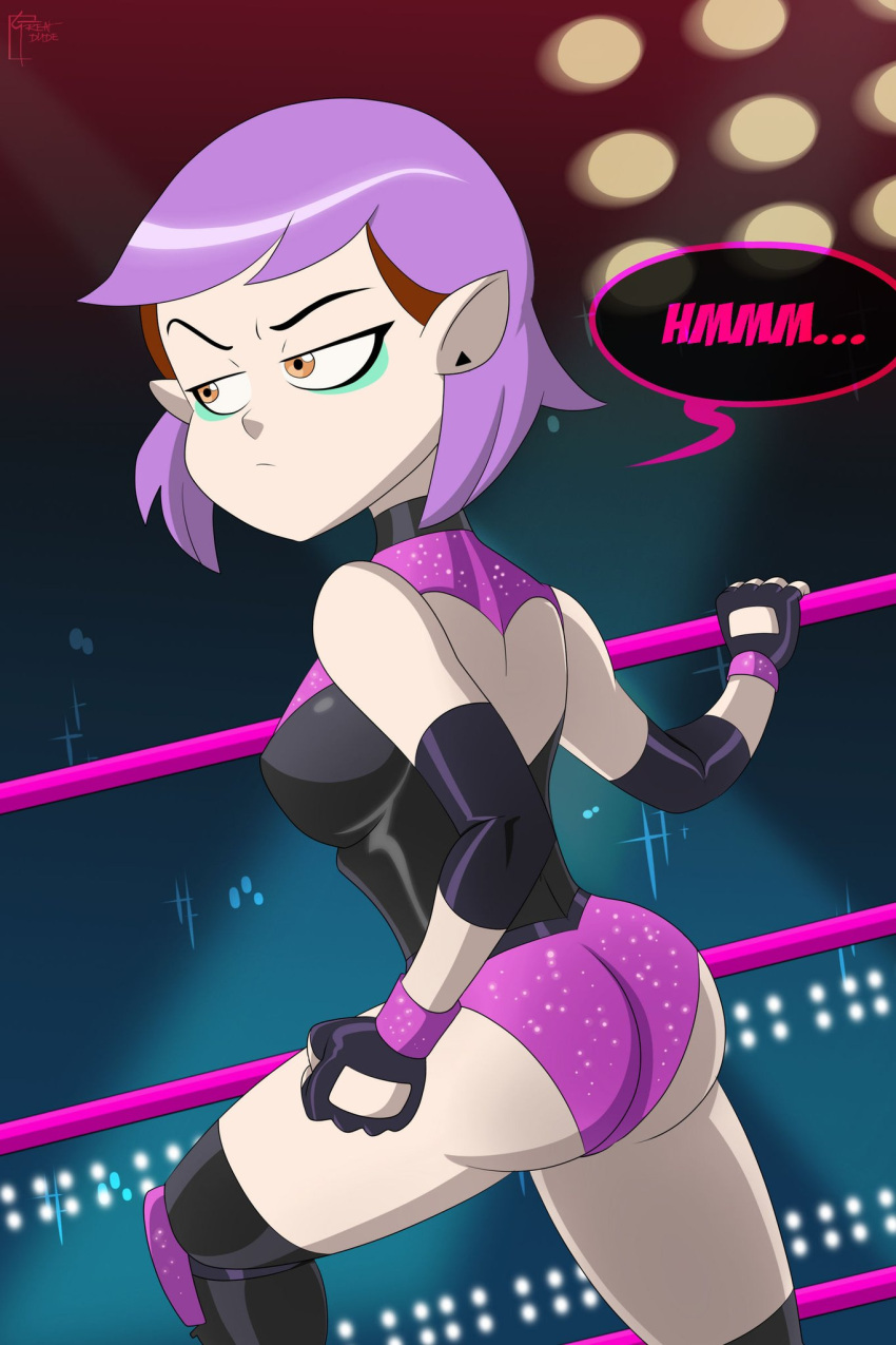 1girl amity_blight ass back_cutout brown_hair Eyeliner female_only fingerless_gloves glitter great_kude green_hair hair_pulled_back Knee_boots Knee_pads Trikot medium_breasts multicolored_hair pointy_ears short_hair Smooth_skin solo_weiblich stehend the_owl_house wrestling_outfit wrestling_ring