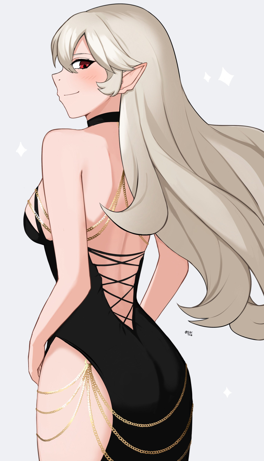 1girl 1girl 1girl absurd_res verführerisches alternatives_kostüm Künstlername Arsch zurück back_view backless_outfit nackter_Rücken nackte_Schultern großer_Arsch black_dress corrin_(fire_emblem) corrin_(fire_emblem)_(weiblich) Kleid female_only fire_emblem fire_emblem_fates from_behind grey_hair Neckholder high_res hip_vent kgctcg looking_at_viewer. medium_br Easts meme_attire modakawa_dress nintendo pointy_ears red_eyes sideboob smile