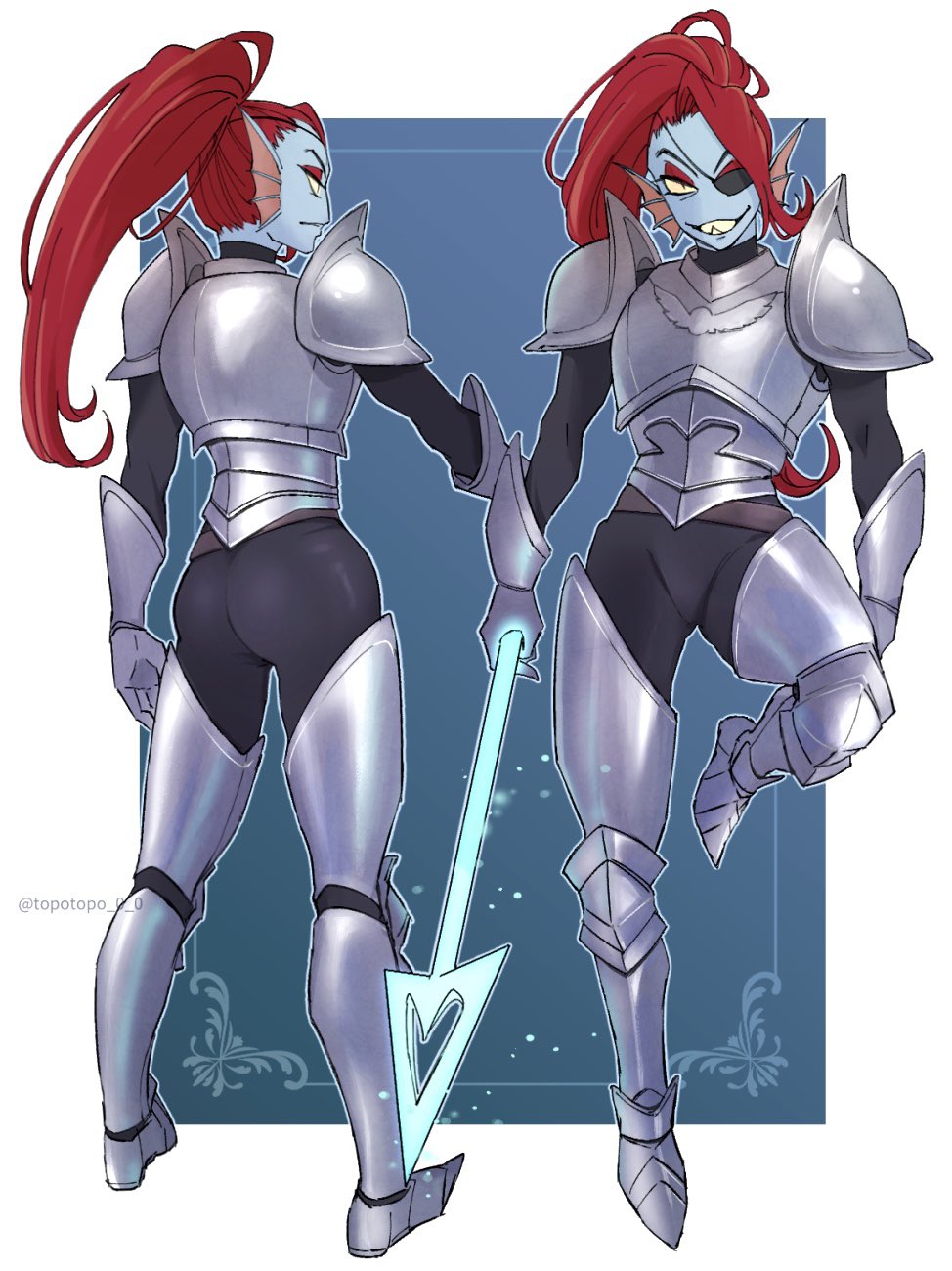 1girl 2020s 2023 2d 2d_(Artwork) Anthro Anthro_only Armor Armored_Stiefel Armored_Gloves Künstlername Arsch Blue_Body Blue_Skin Brüste bekleidet bekleidet_weiblich Kleidung Schritt Digital_Media_(Artwork) Ear_Flossen Eye_Patch Eyepatch Female_Anthro Female_only Flossen Fisch Fish_Girl Ganzkörper Stulpen Haare Head_Flossen Holding_Speer Holding_Waffe _at_viewer Meeresmonster Monster_Mädchen mehrere_Ansichten Nicht-Säugetierbrüste Pferdeschwanz rote_Haare red_ponytail Sharp_teeth simple_background slit_pupils solo_anthro solo_female Speer stehend Standing_on_one_leg Zähne topotopo_0_0 Twitter twitter_username two-tone_background Undertale Undertale_(Serie) Undyne Video_Game_Character Video_Games Waffe White_Background White_Rand Yellow_Sclera