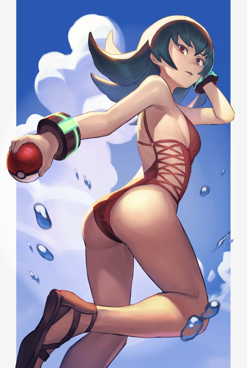 1Girl Alternate_Costume Ass Bikini Armband Brown_footwear Cloud Kommentare Kreaturen (Firma) Tag von_Below Game_Freak Green_hair Hand_up Holding Holding_poke_ball Schmuck Konoike _hgss rot_eyes red_one-piece_bikini sabrina sabrina_ ( Pokemon) Sandalen Sky Badeanzug Water_Drop